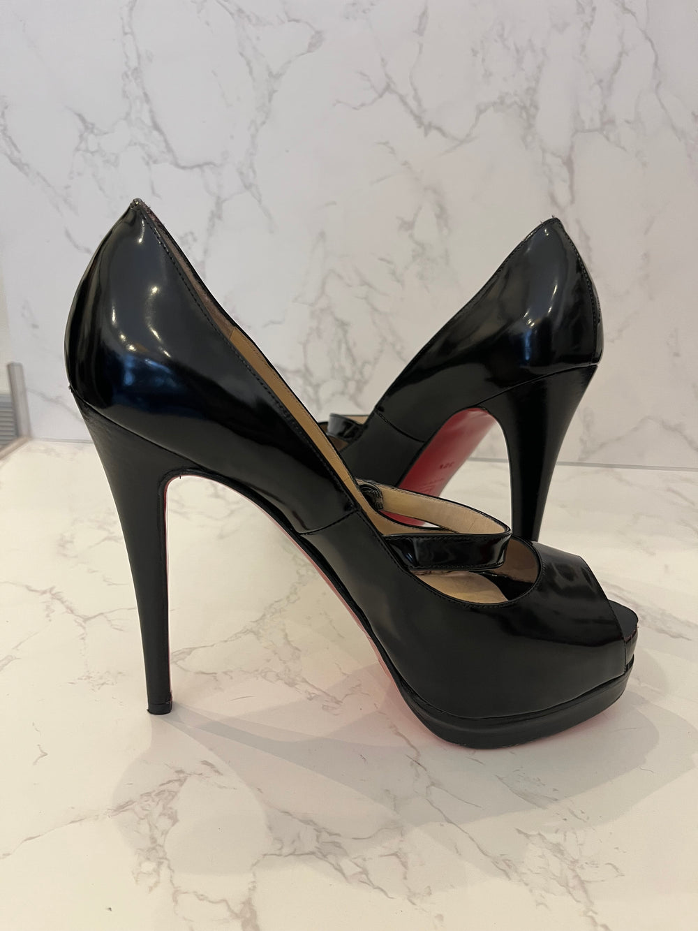 Pre Loved Christian Louboutin 130 Black Patent Peeptoe Mary-Jane Heels Size UK 5.5