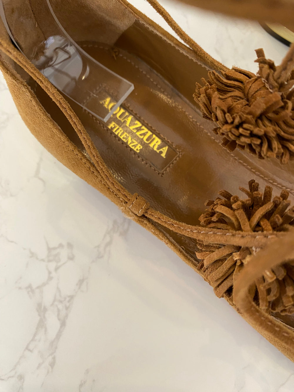 Pre Loved Aquazurra Sunshine Brown Suede Pom Pom Lace up Sandal/ Shoes UK4.5