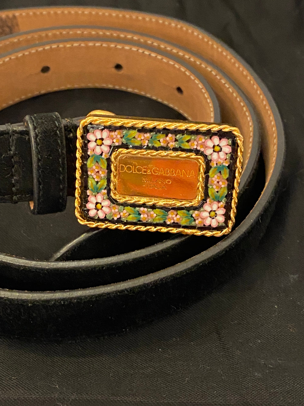 Pre Loved Dolce & Gabbana Black Velvet /Floral Enamel Buckle Belt 85cm