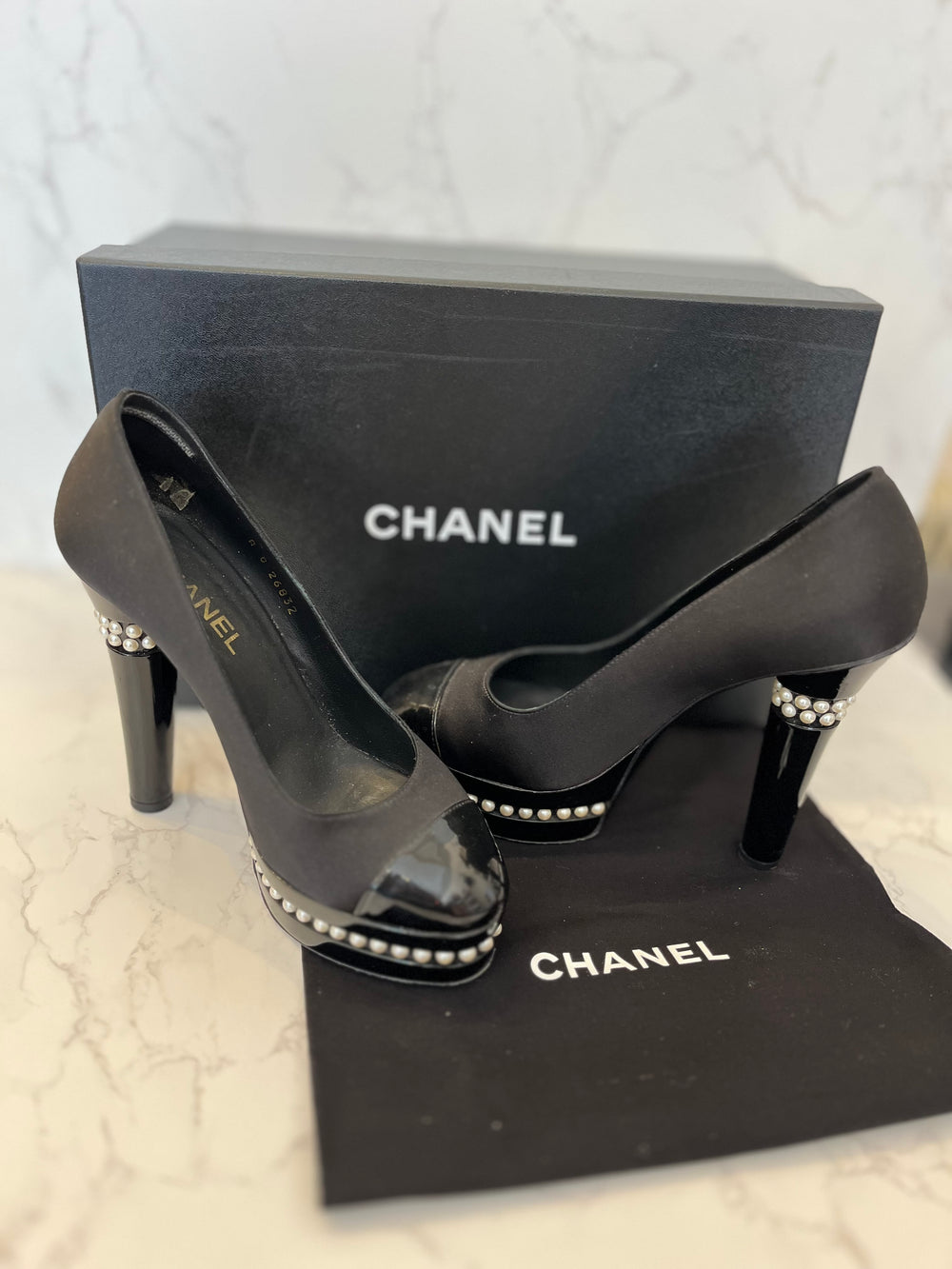 Pre Loved Chanel Black Satin & Patent Leather Heels Pearl Trim UK 5