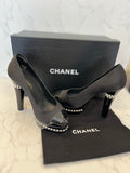 Pre Loved Chanel Black Satin & Patent Leather Heels Pearl Trim UK 5