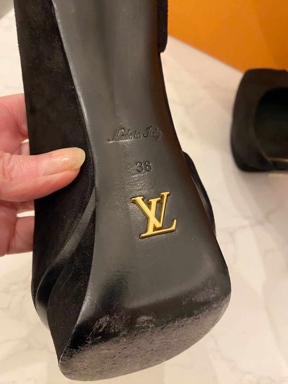 Pre Loved Louis Vuitton Black Suede Peep Toe Heels with Gold Tone Heels UK5