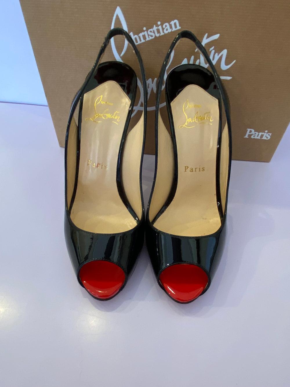 Pre Loved Christian Louboutin Flo Sling 120 Black Patent UK4