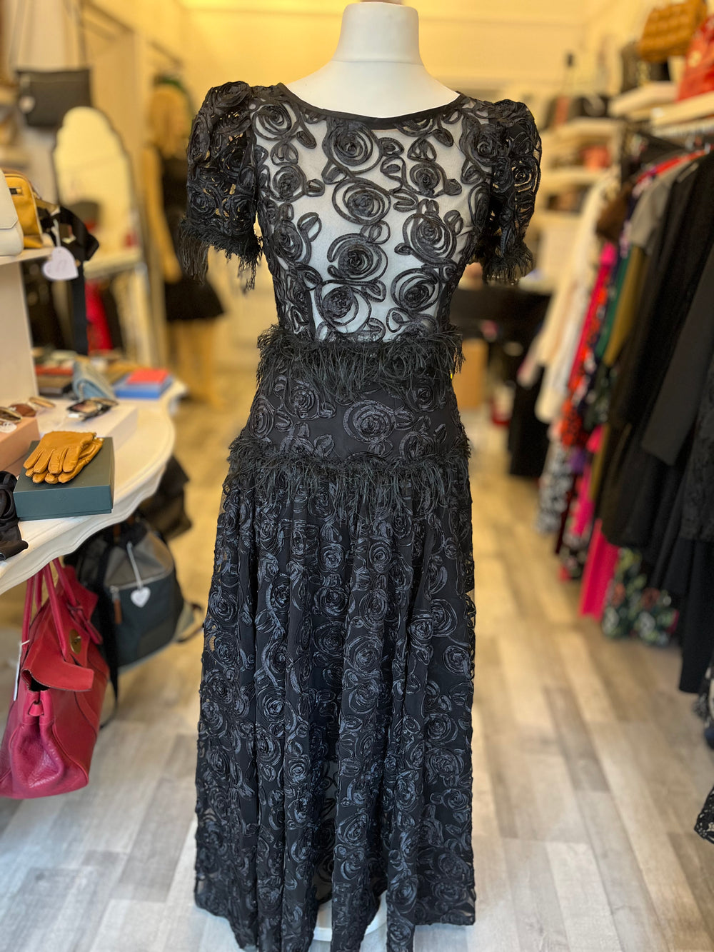 Pre Loved Spencer Railton Black Lace Ribbonwork & Feathers 2 Piece uk8-10
