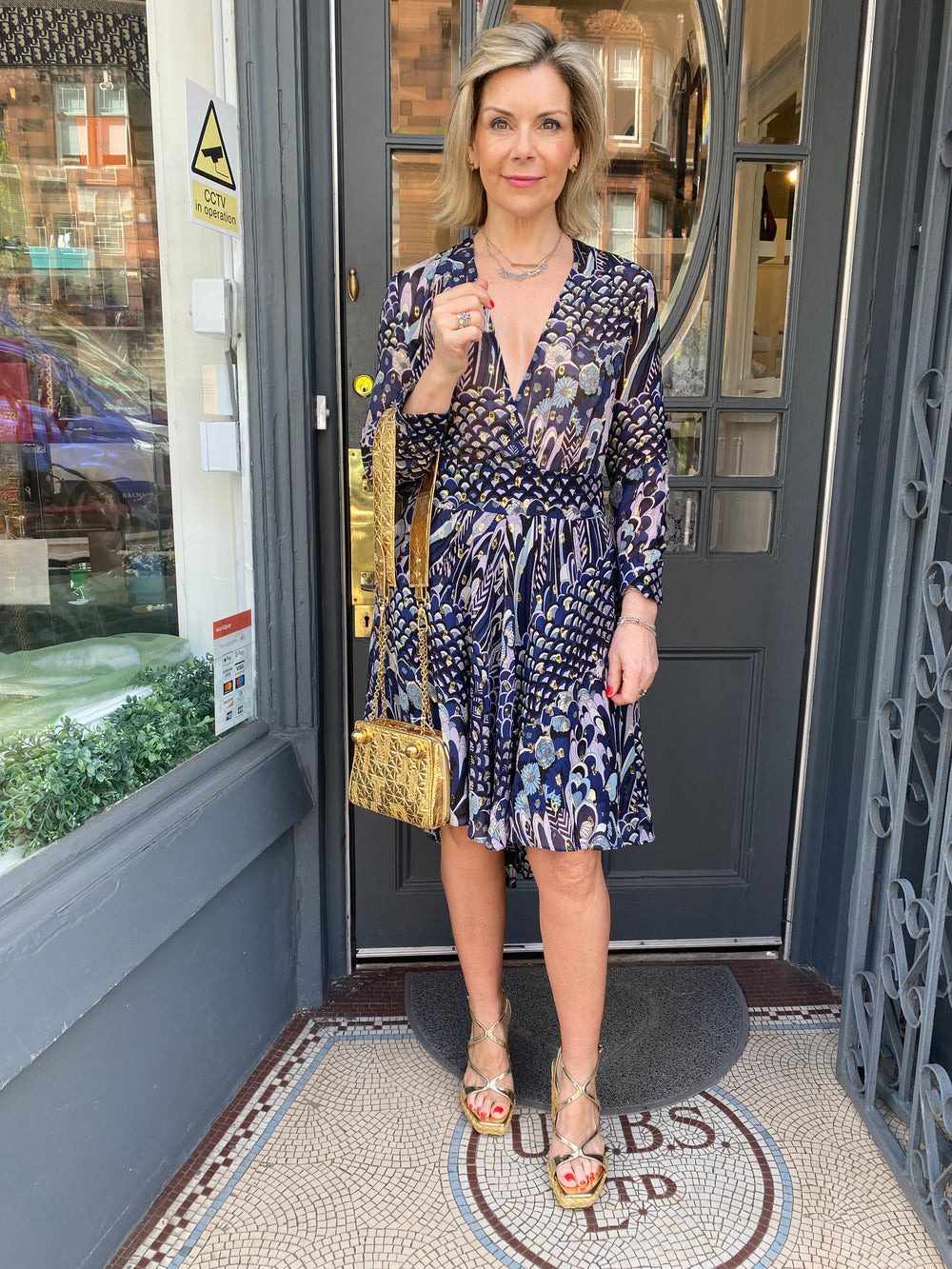 Pre Loved Zadig & Voltaire Blue Silk Dress Gold Metallic Accents Size S uk10