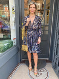 Pre Loved Zadig & Voltaire Blue Silk Dress Gold Metallic Accents Size S uk10
