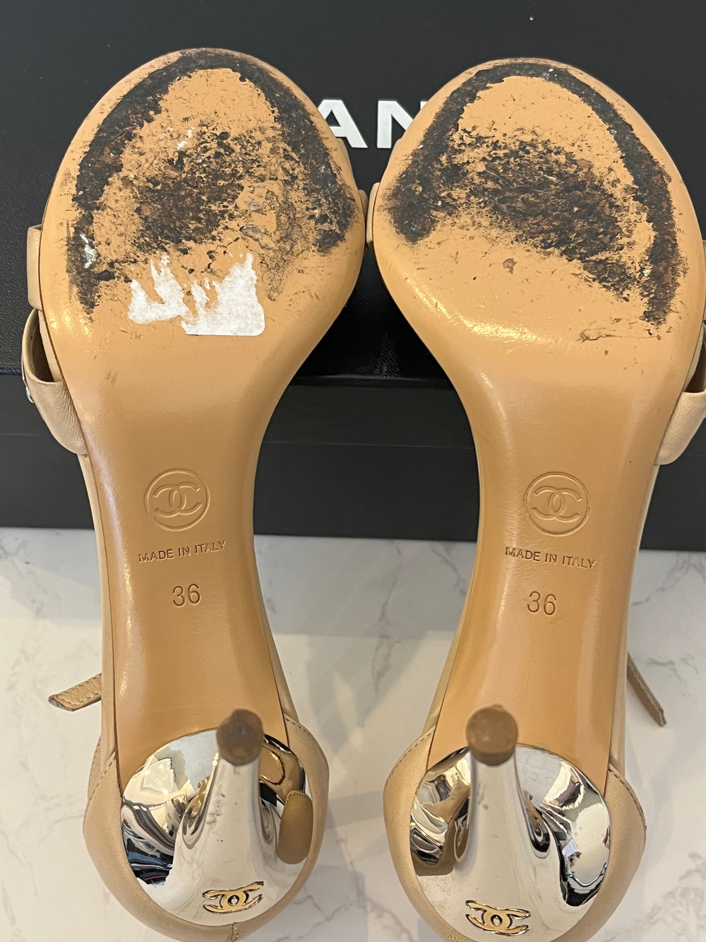 Pre Loved Chanel Beige Leather & Silver Ankle Straps UK 3