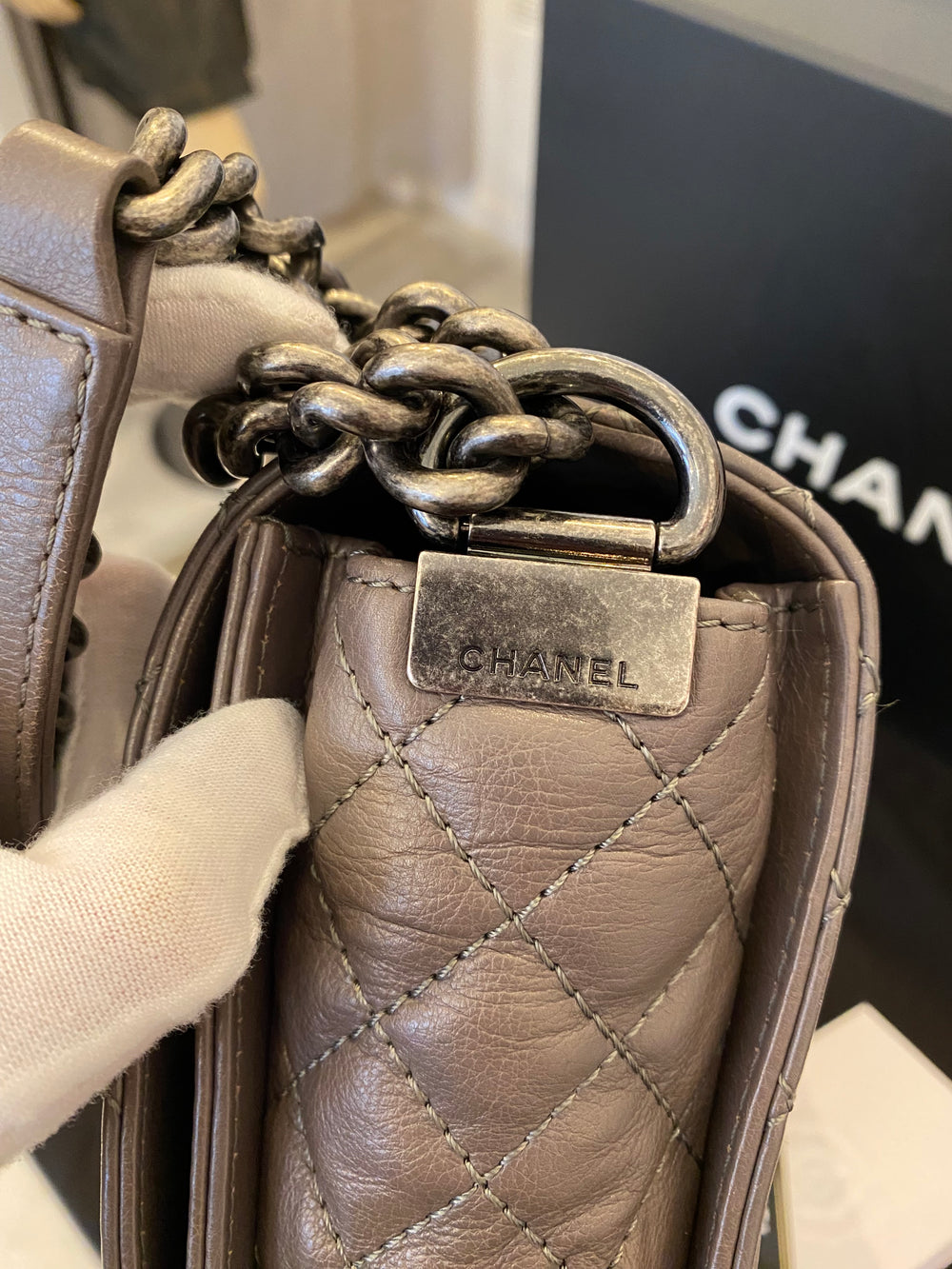 Pre Loved Chanel Medium Reverso Boy Bag in Grey Calf Leather