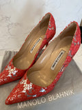 Pre Loved Manolo Blahnik Silver & Coral Lace Heels UK 4