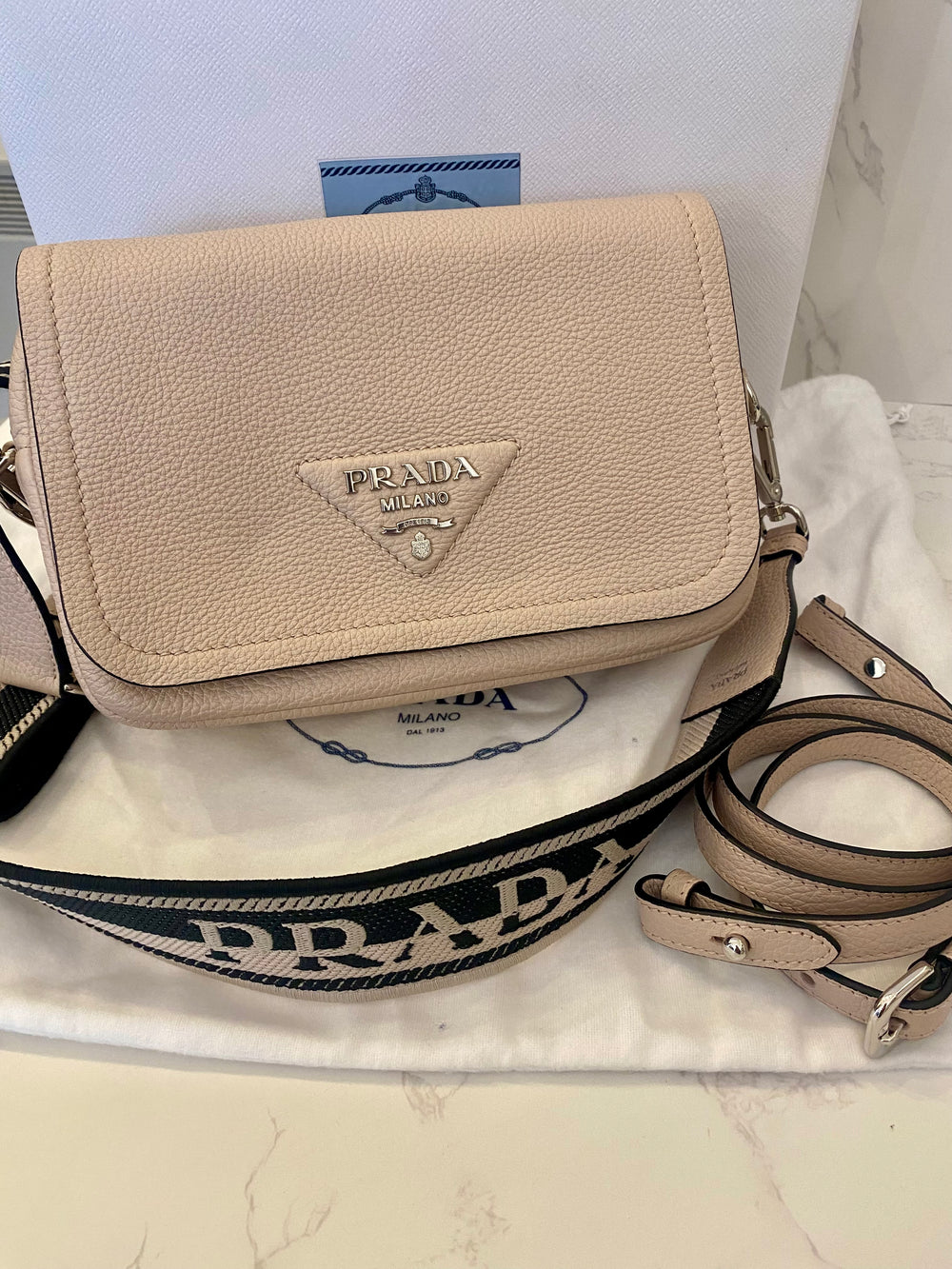 Pre Loved Prada Vitello Daino Logo Crossbody in Pale Dusky Pink - Excellent