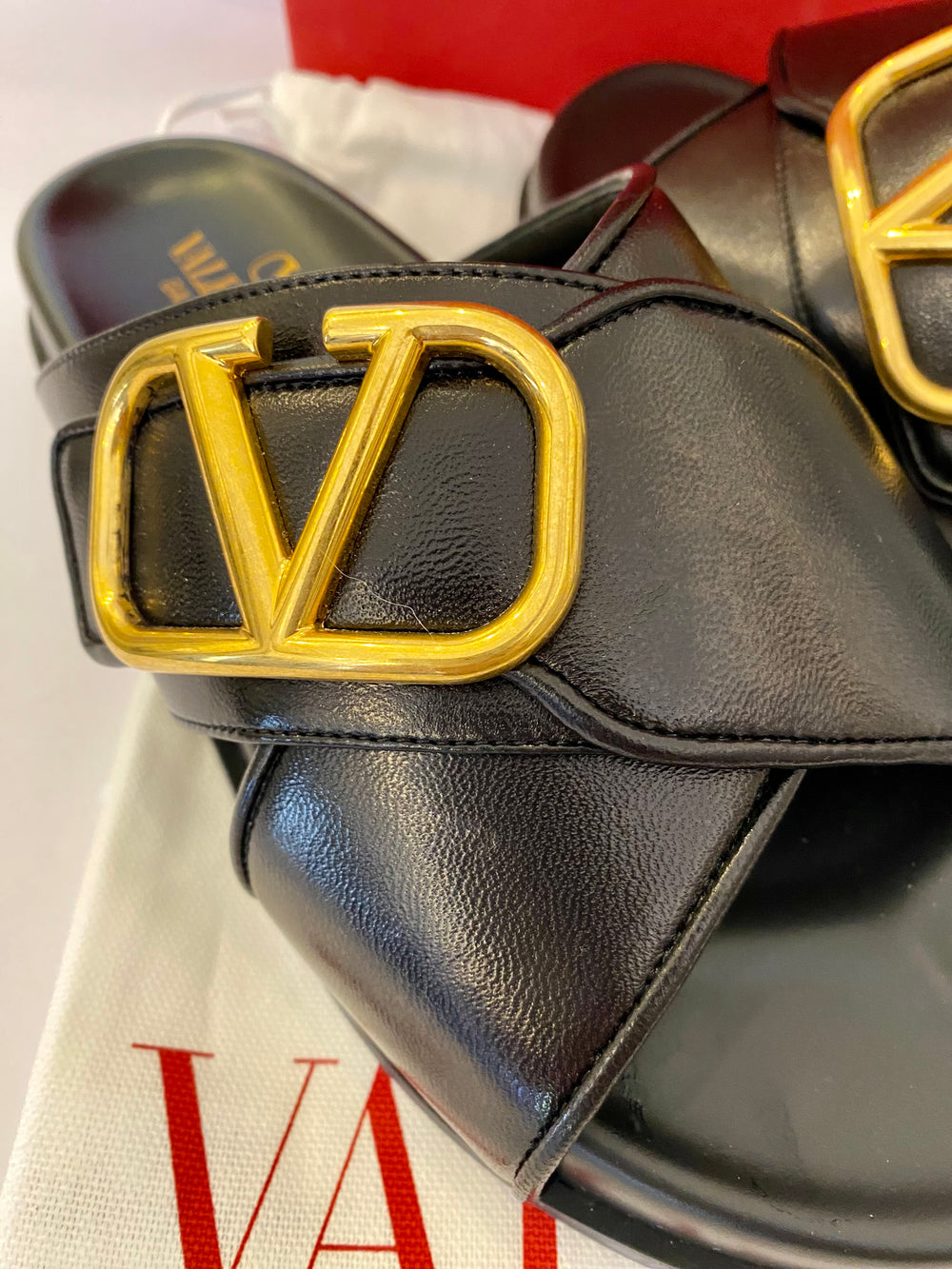 Pre Loved Valentino V Logo Buckle Black Leather Sandals uk5, fit uk 5.5  (excellent)