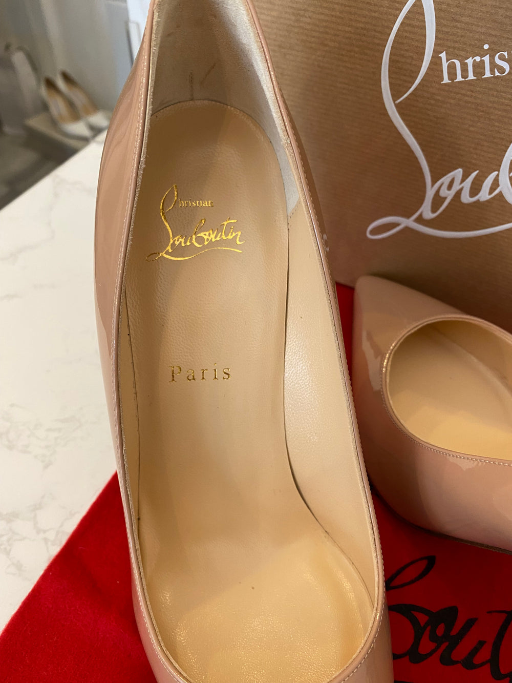 Pre Loved Christian Louboutin Pigalle 100 Nude Patent Heels Size UK 6  (new)
