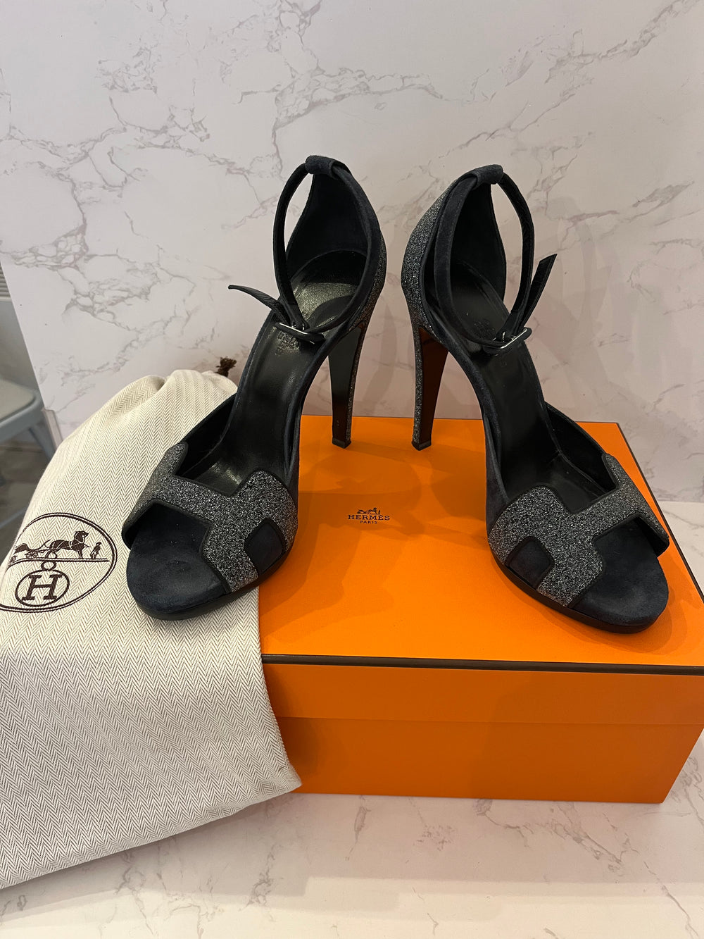 Pre Loved Hermes Premiere Sandals in Navy Glitter & Suede size 5.5 (new)