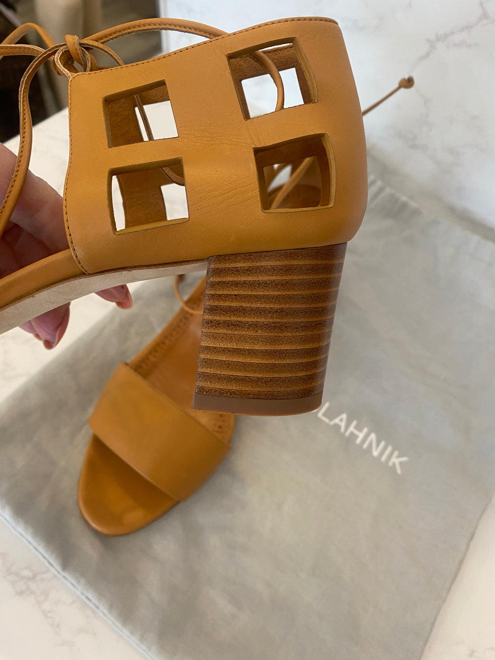 Pre Loved Manolo Blahnik Tan Cage Design Lace Tie Sandals UK4 - NEW