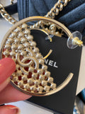 Pre Loved Chanel Light Gold Tone Metal Strass Crystal CC Hoop Earrings - NEW