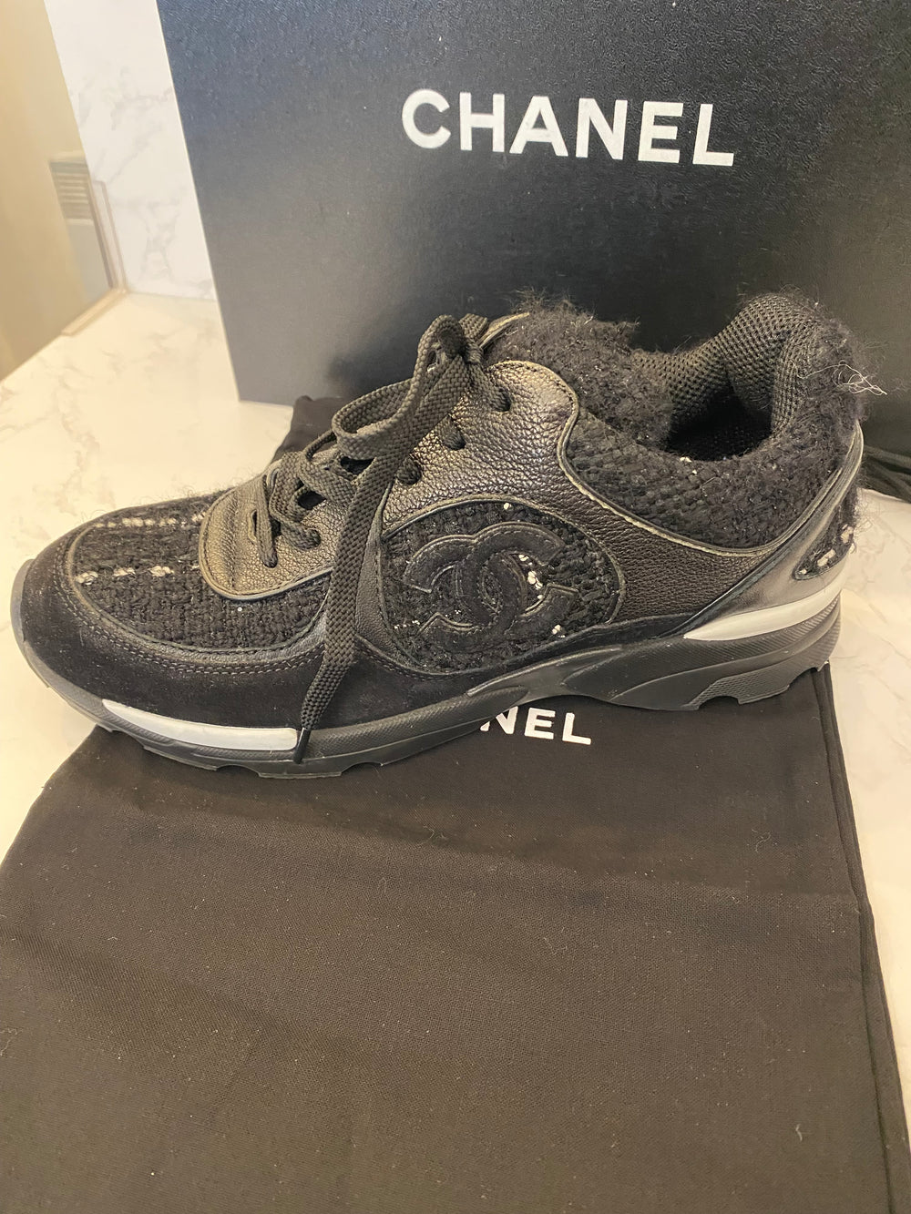 Pre Loved Chanel Black Tweed Suede Goatskin CC Sneakers Size UK 5.5