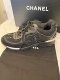 Pre Loved Chanel Black Tweed Suede Goatskin CC Sneakers Size UK 5.5