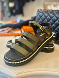 Pre Loved Chanel Black & Gold Striped Leather Sandals with Pearl Embellishment - UK 5.5 (Fit Size 6)