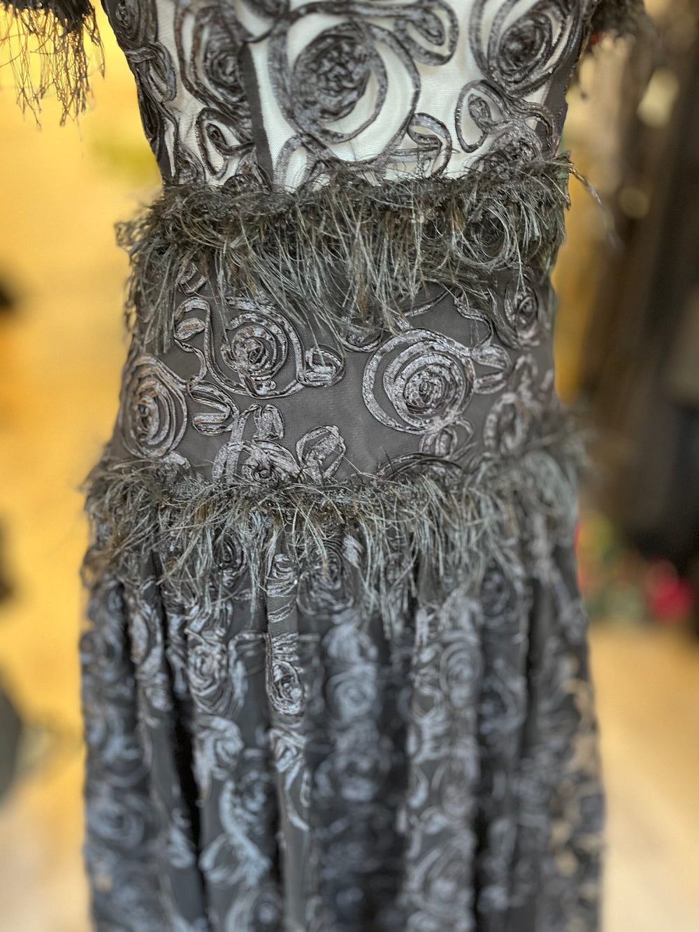 Pre Loved Spencer Railton Black Lace Ribbonwork & Feathers 2 Piece uk8-10