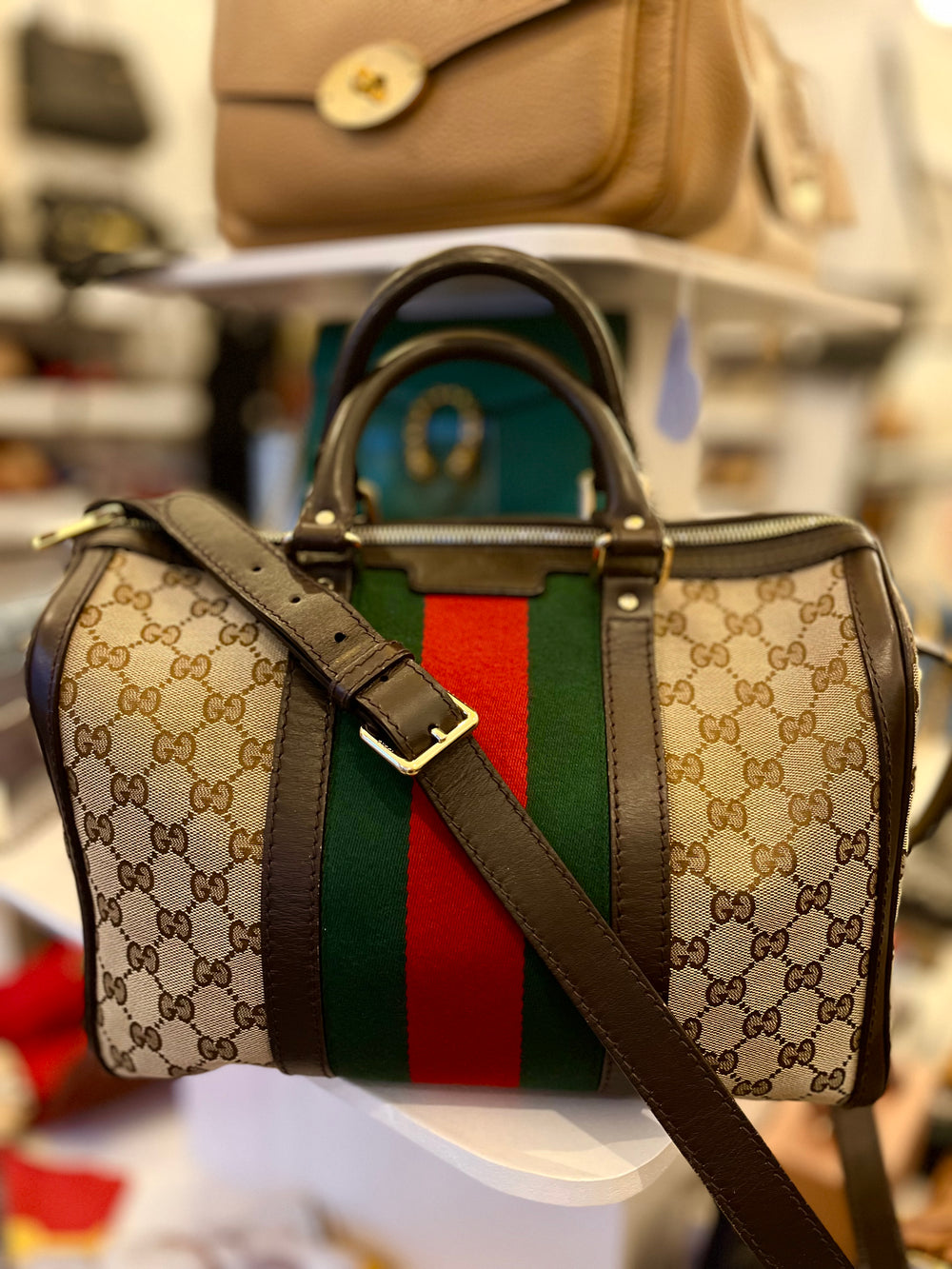 Pre Loved Gucci Boston Bowling Bag in GG Monogram Canvas with Green & Red Web Stripe