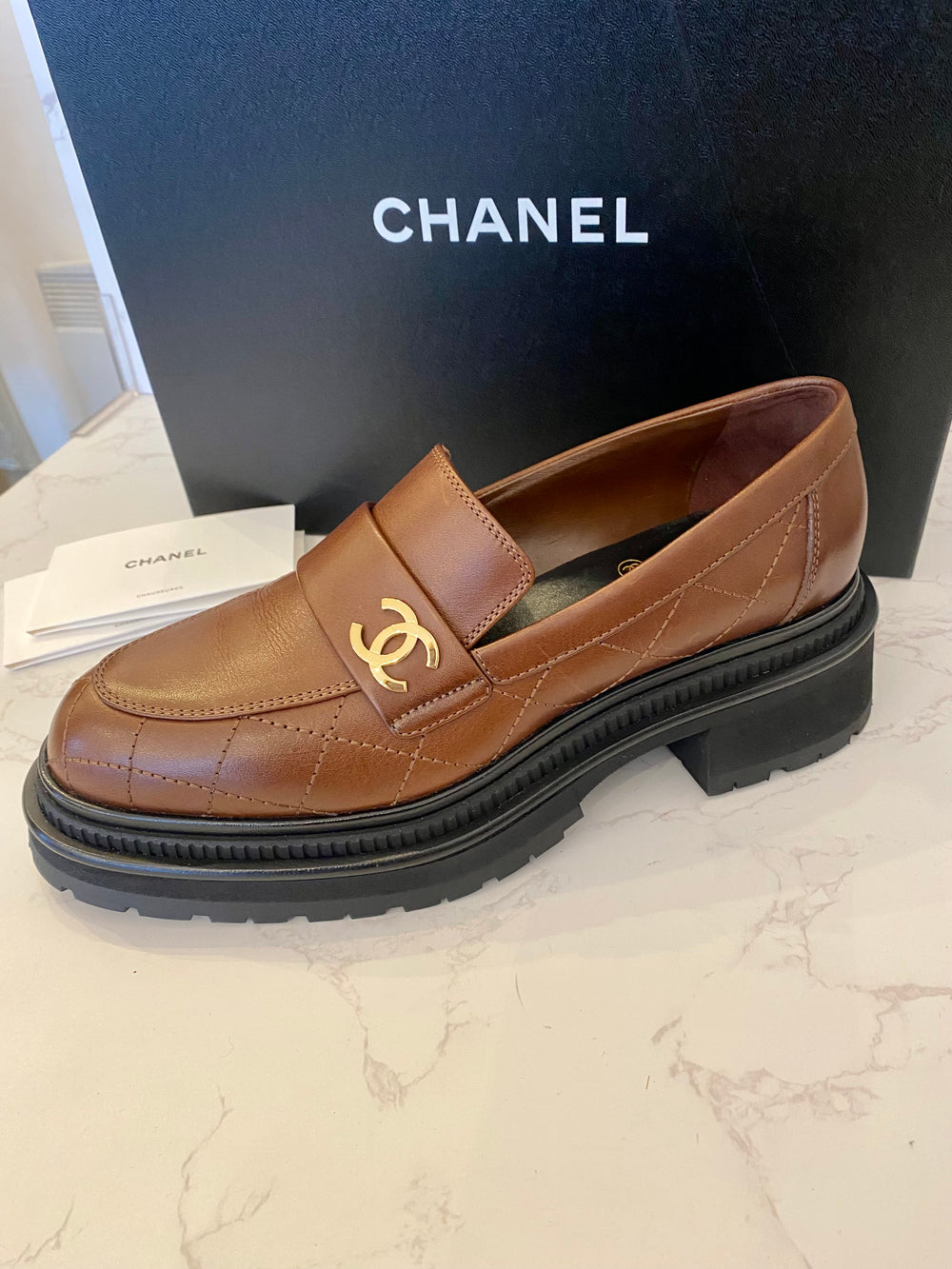 Pre loved Chanel CC Brown Quilted Loafers UK5.5 (new)