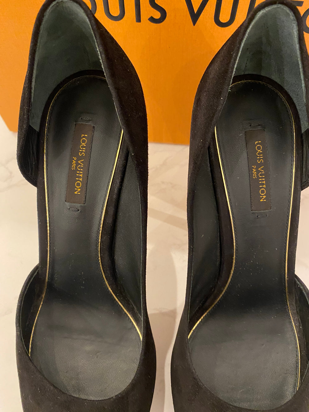 Pre Loved Louis Vuitton Black Suede Peep Toe Heels with Gold Tone Heels UK5