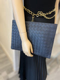 Pre Loved Bottega Veneta Large Intrecciato Pouch in Dark Navy Leather (excellent)