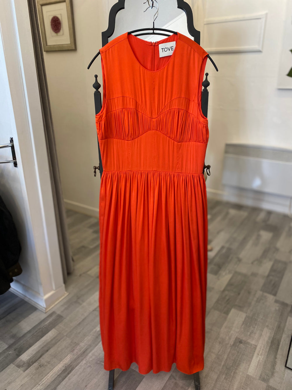 Tove Orange Gathered Demi Silk Blend Midi Dress  uk12 (excellent)