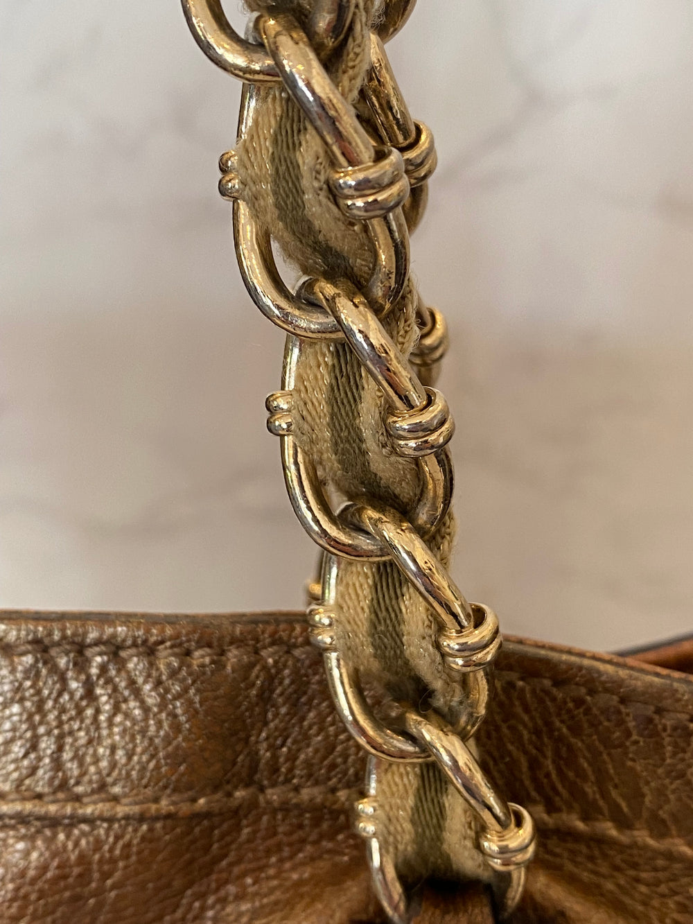 Pre Loved Gucci Vintage Princy Tote in Old Gold Leather with Gold Chain Shoulder Straps