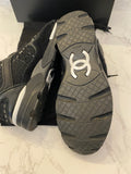 Pre Loved Chanel Black Tweed Suede Goatskin CC Sneakers Size UK 5.5