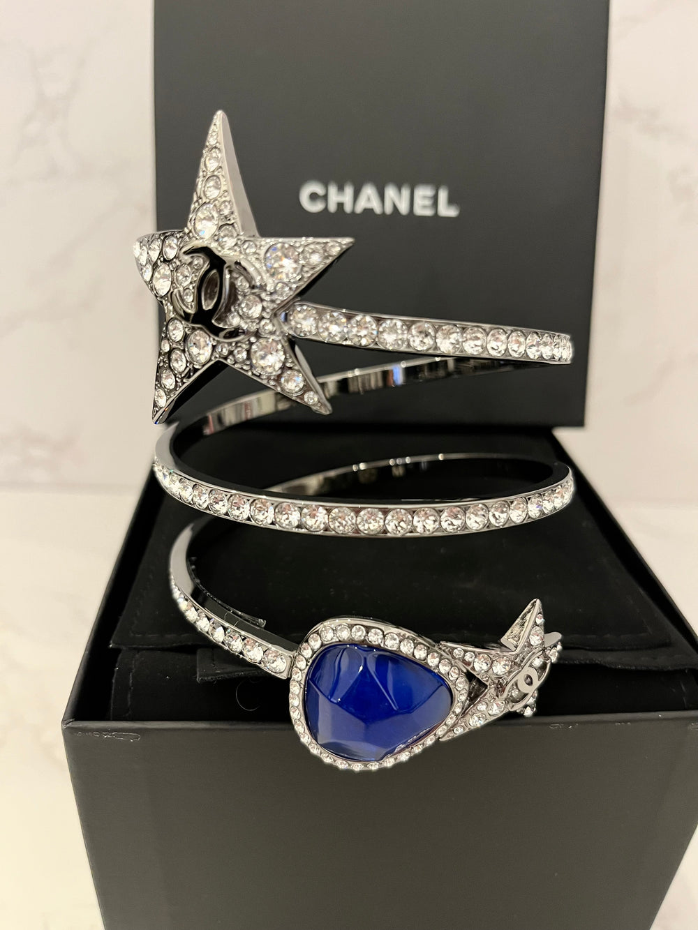 Pre Loved Chanel Ruthenium & Blue Crystal Star Bracelet 2022 collection by Virginie Viard (as new)