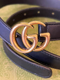 Gucci Narrow Black Leather GG Belt with Gold Buckle 70cm