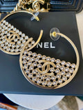 Pre Loved Chanel Light Gold Tone Metal Strass Crystal CC Hoop Earrings - NEW