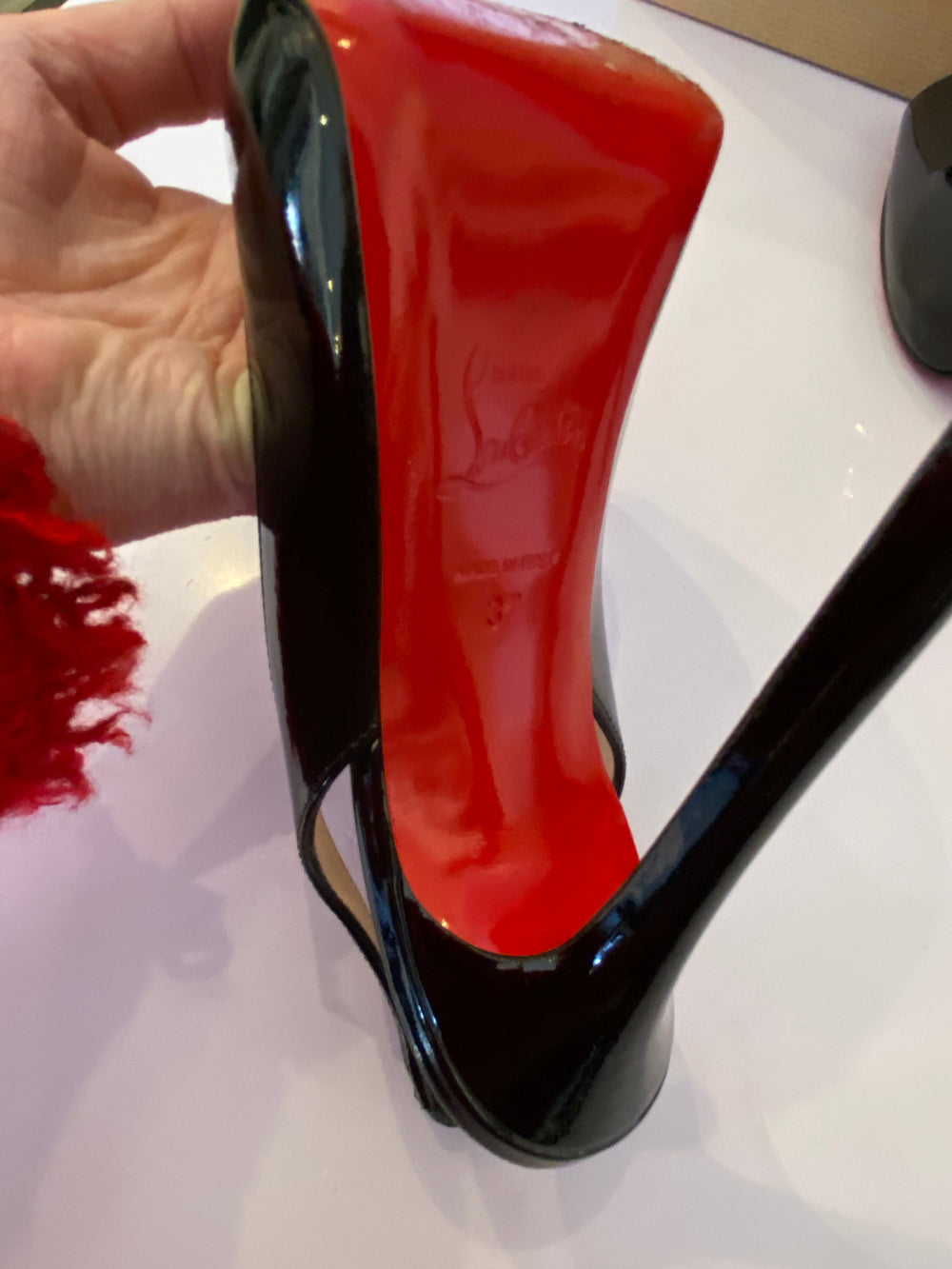 Pre Loved Christian Louboutin Flo Sling 120 Black Patent UK4