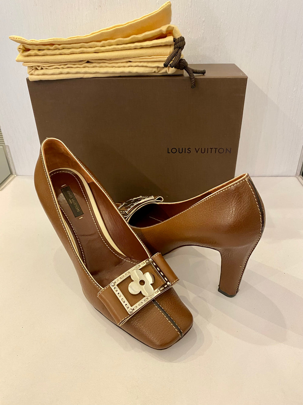 Pre Loved Louis Vuitton Flower Motif Brown Leather Heels UK 6