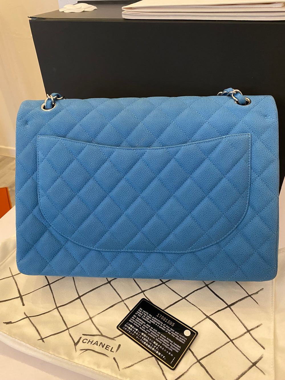 Pre Loved Chanel Classic Maxi Flap in Blue Suede Caviar