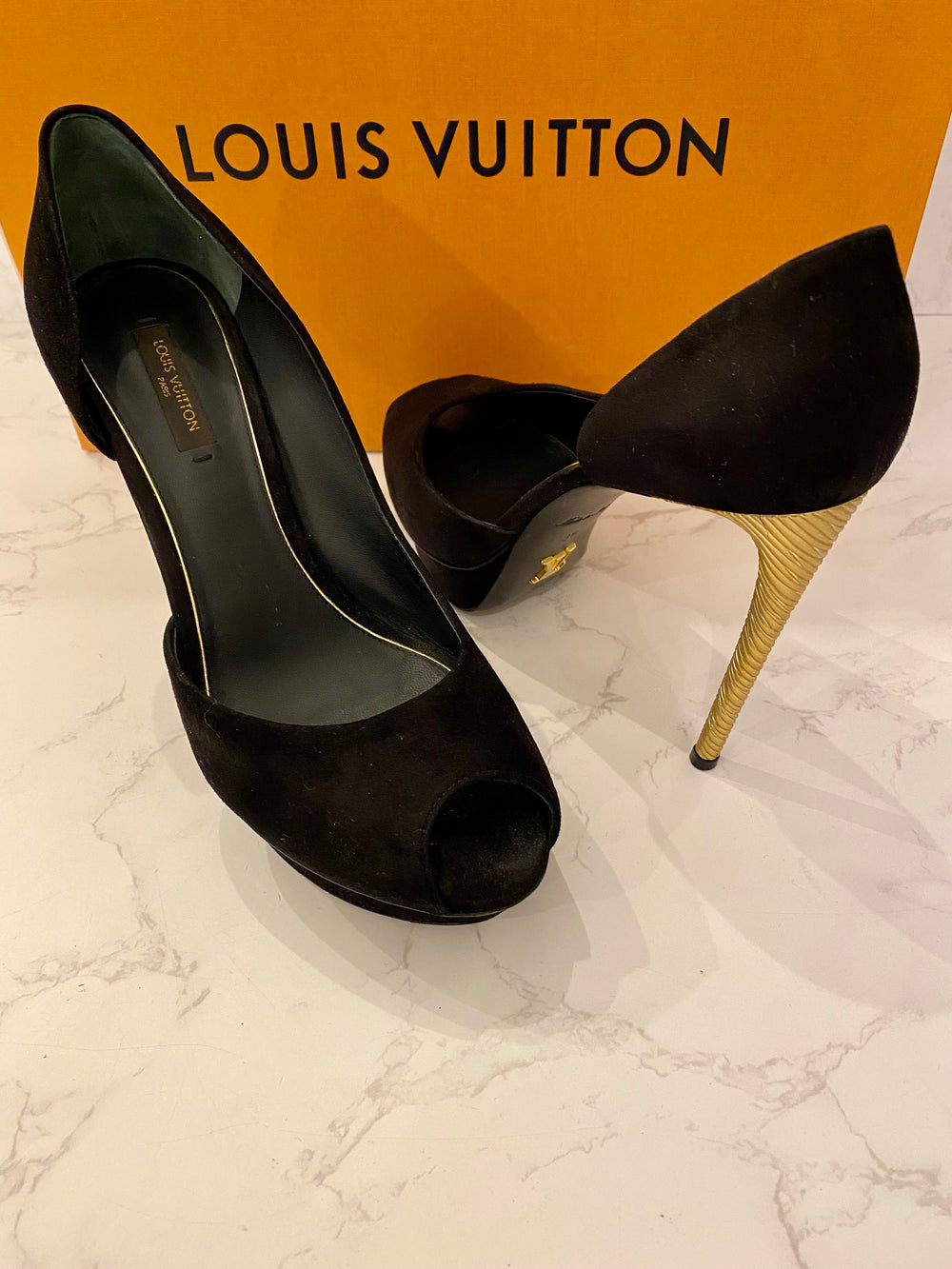 Pre Loved Louis Vuitton Black Suede Peep Toe Heels with Gold Tone Heels UK5