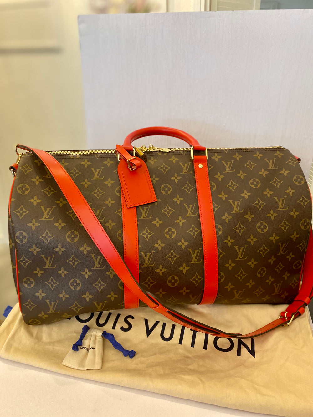 Pre Loved Louis Vuitton Monogram Keepall 50 With Red Leather Trim (excellent)