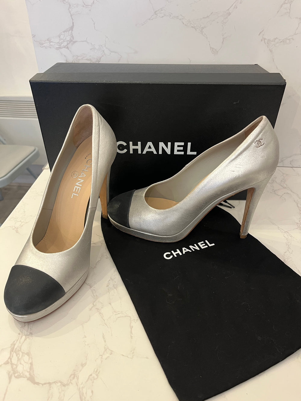 Pre Loved Chanel Silver Leather Platform Heels with Black Toe Detail Size UK 5.5