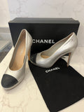 Pre Loved Chanel Silver Leather Platform Heels with Black Toe Detail Size UK 5.5