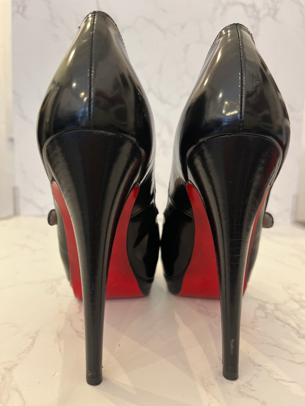 Pre Loved Christian Louboutin 130 Black Patent Peeptoe Mary-Jane Heels Size UK 5.5