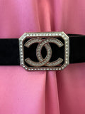 Pre Loved Chanel black Suede Belt With Crystal Embellisment UK12