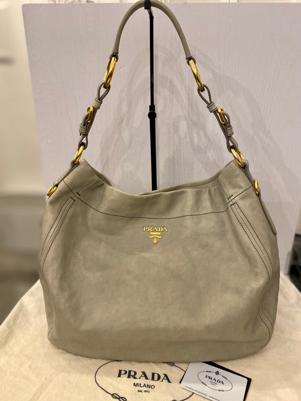 Pre loved Prada Hobo Shoulder Bag in Grey Glace Calf Leather (excellent) **reserved A **