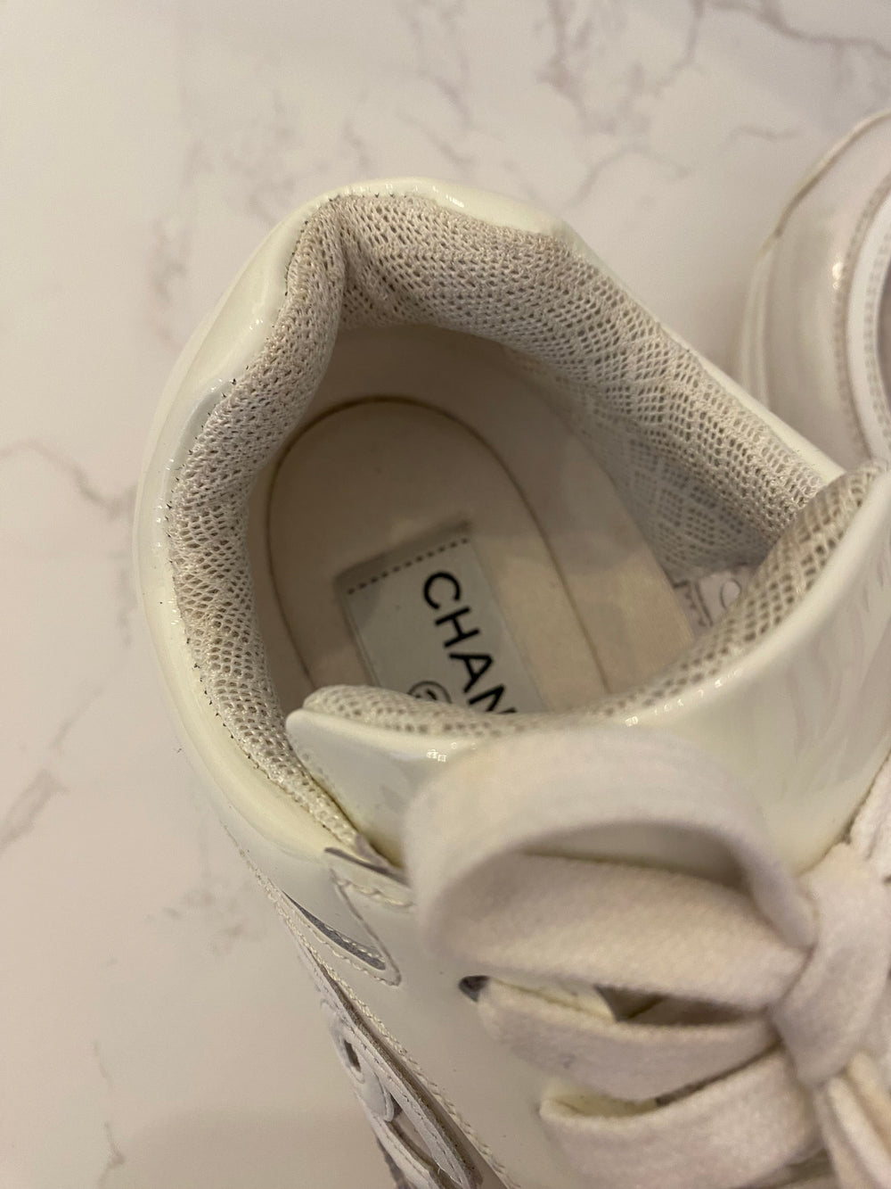 Pre Loved Chanel Off White Patent Leather Trainers UK3.5