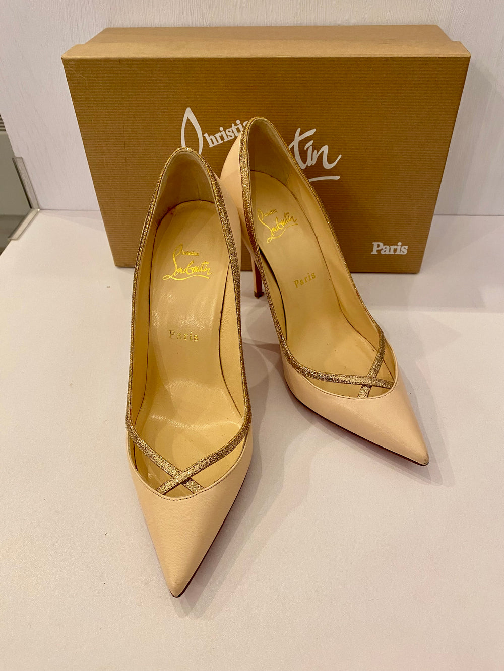 Pre Loved Christian Louboutin Glitter Princess 100 Heels  in Nude uk4.5