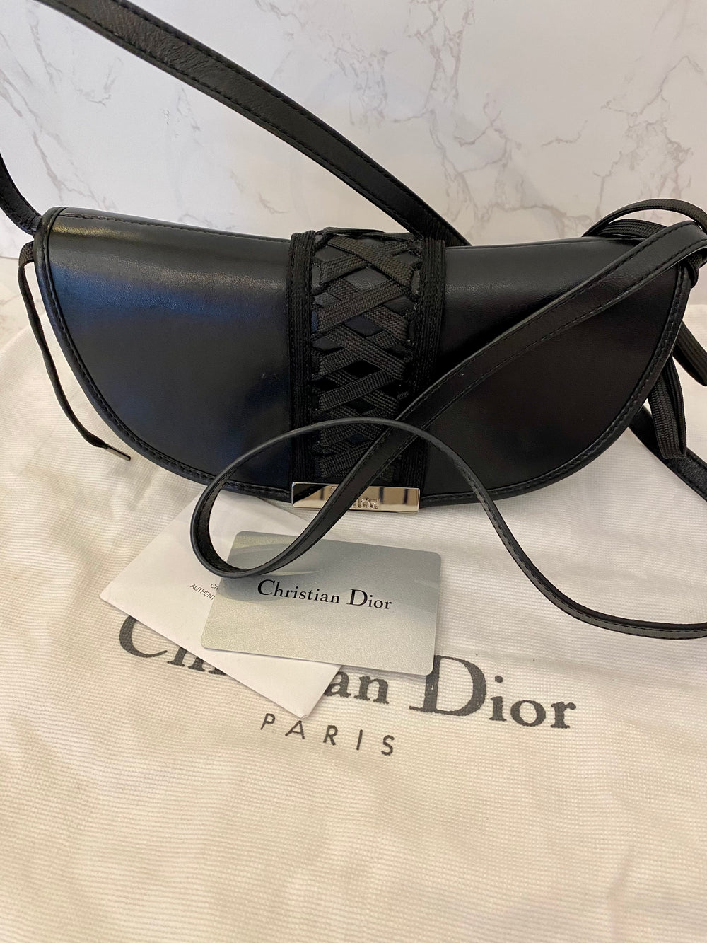 Pre Loved Christian Dior Corset Saddle Bag in Black Leather