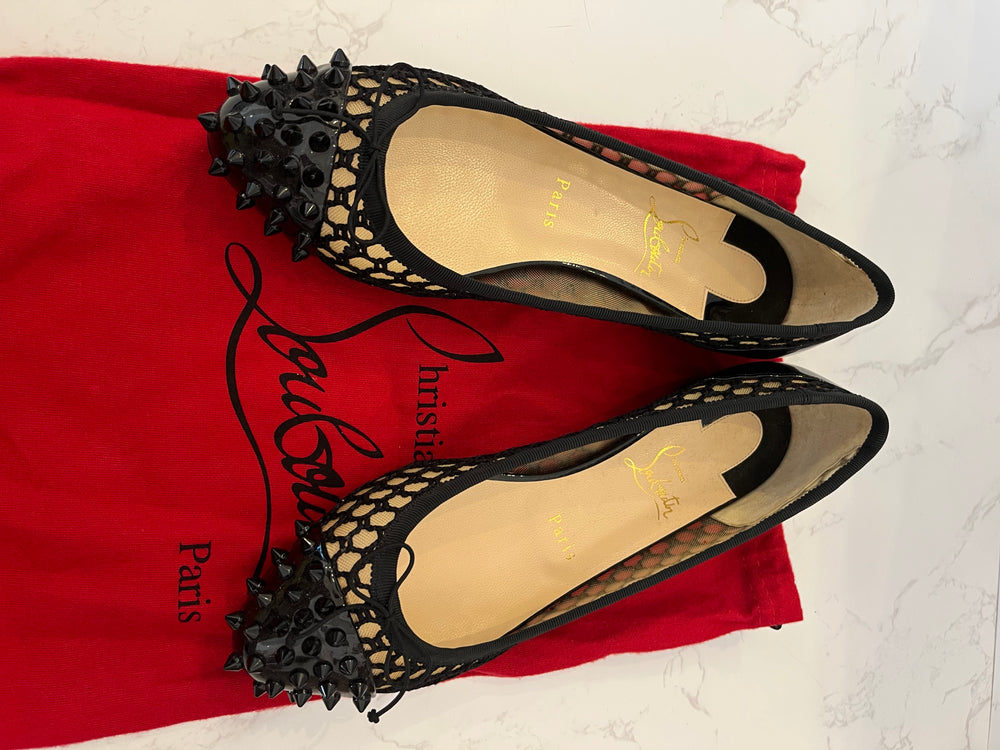 Pre Loved Christian Louboutin Black Patent Spike Ballet Flats UK 5 (New)