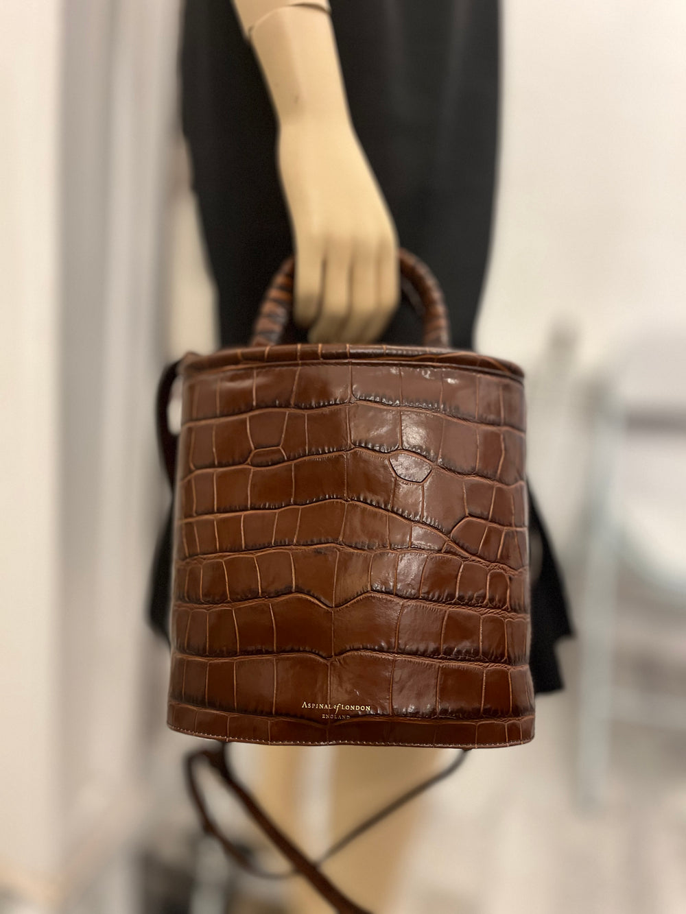 Pre Loved Aspinal of London Embossed Brown Leather Bucket Bag (as new)