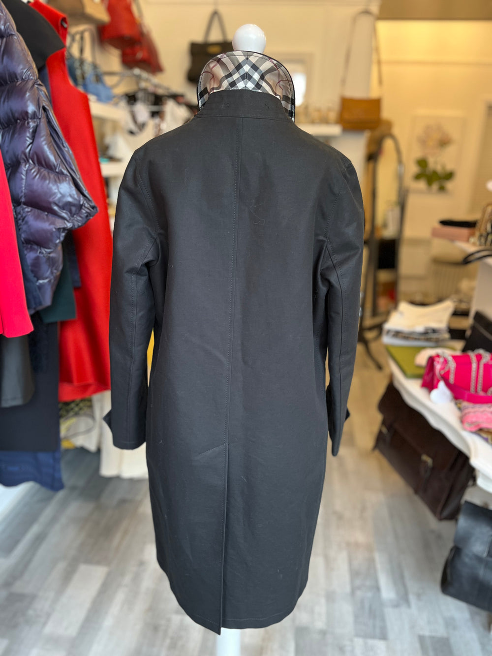 Pre Loved Burberry Black Wilo Coat Silver Toggles UK8