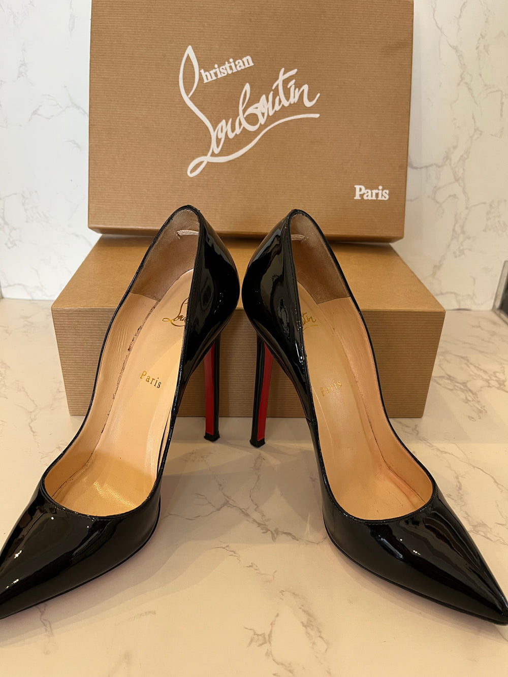 Pre Loved Christian Louboutin Pigalle 120 Black Patent Heels Size UK 3.5